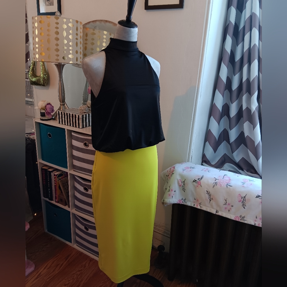 Green yellow Express side slit pencil skirt
